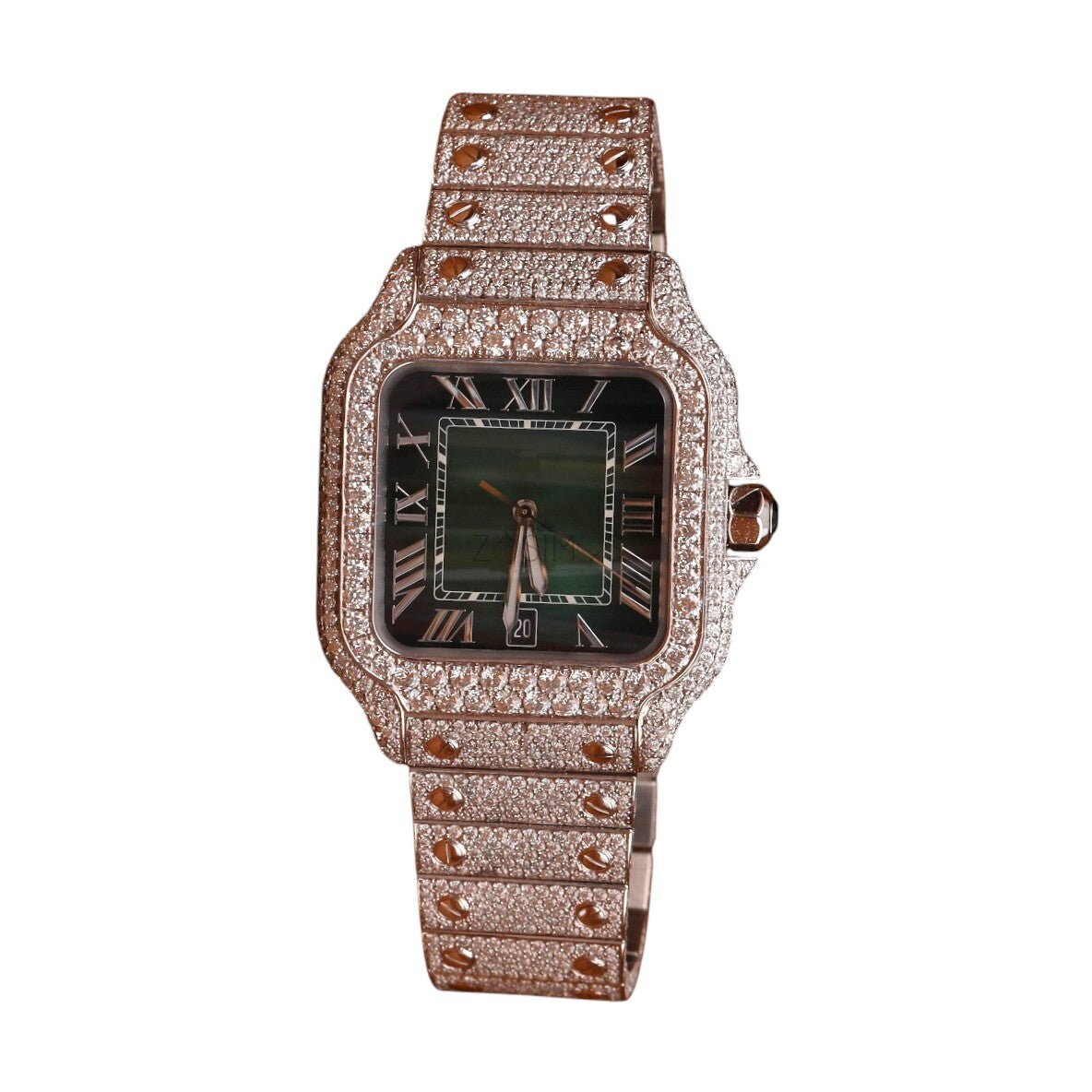 Luxury Rose Gold Square Iced-Out Watch – Roman Dial Diamond-Style Stainless Steel Quartz Timepiece