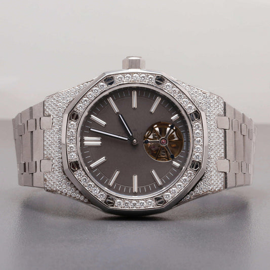 Luxury Silver Open-Heart Iced-Out Watch – Diamond-Style Stainless Steel Automatic Timepiece