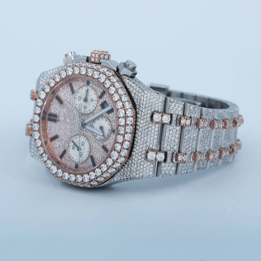 Luxury Two-Tone Chronograph Iced-Out Watch – Rose Gold & Silver Diamond-Style Quartz Timepiece