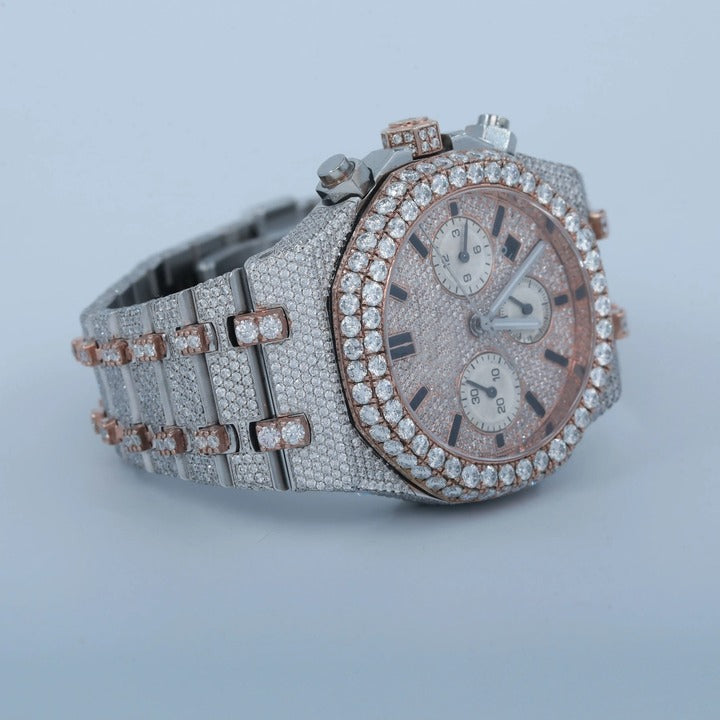 Luxury Two-Tone Chronograph Iced-Out Watch – Rose Gold & Silver Diamond-Style Quartz Timepiece
