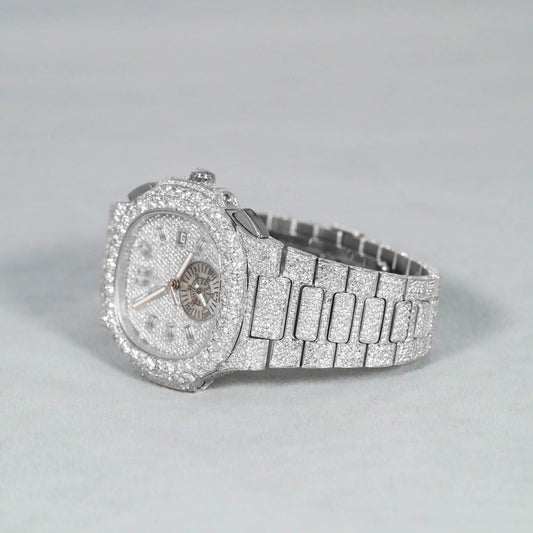 Luxury Silver Iced-Out Watch – Diamond-Style Stainless Steel Quartz Timepiece with Sub-Dial