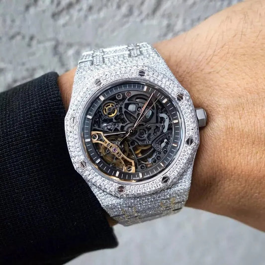 Luxury Silver Skeleton Iced-Out Watch – Diamond-Style Stainless Steel Automatic Timepiece