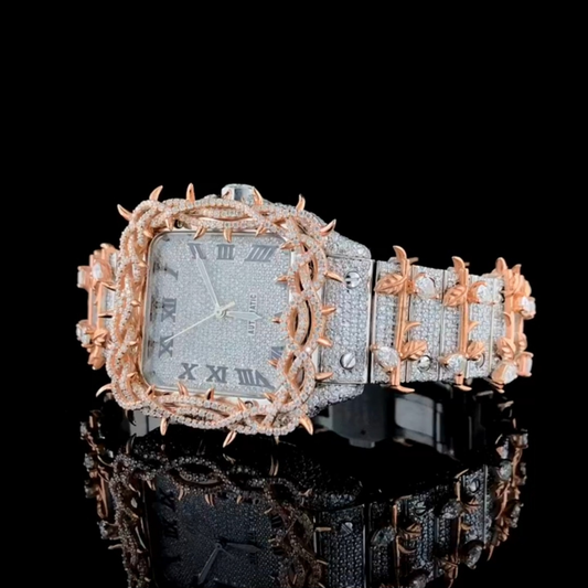 Luxury Two-Tone Square Iced-Out Watch – Rose Gold & Silver Diamond-Style Stainless Steel Quartz Timepiece