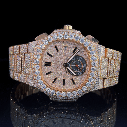 Luxury Rose Gold Iced-Out Chronograph Watch – Diamond-Style Stainless Steel Quartz Timepiece