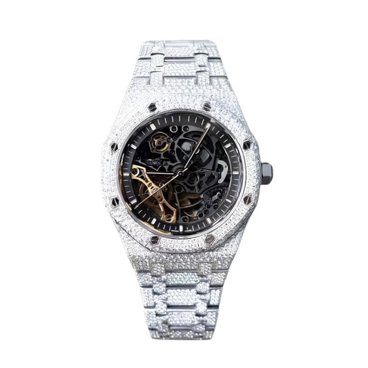 Luxury Silver Skeleton Iced-Out Watch – Diamond-Style Stainless Steel Automatic Timepiece