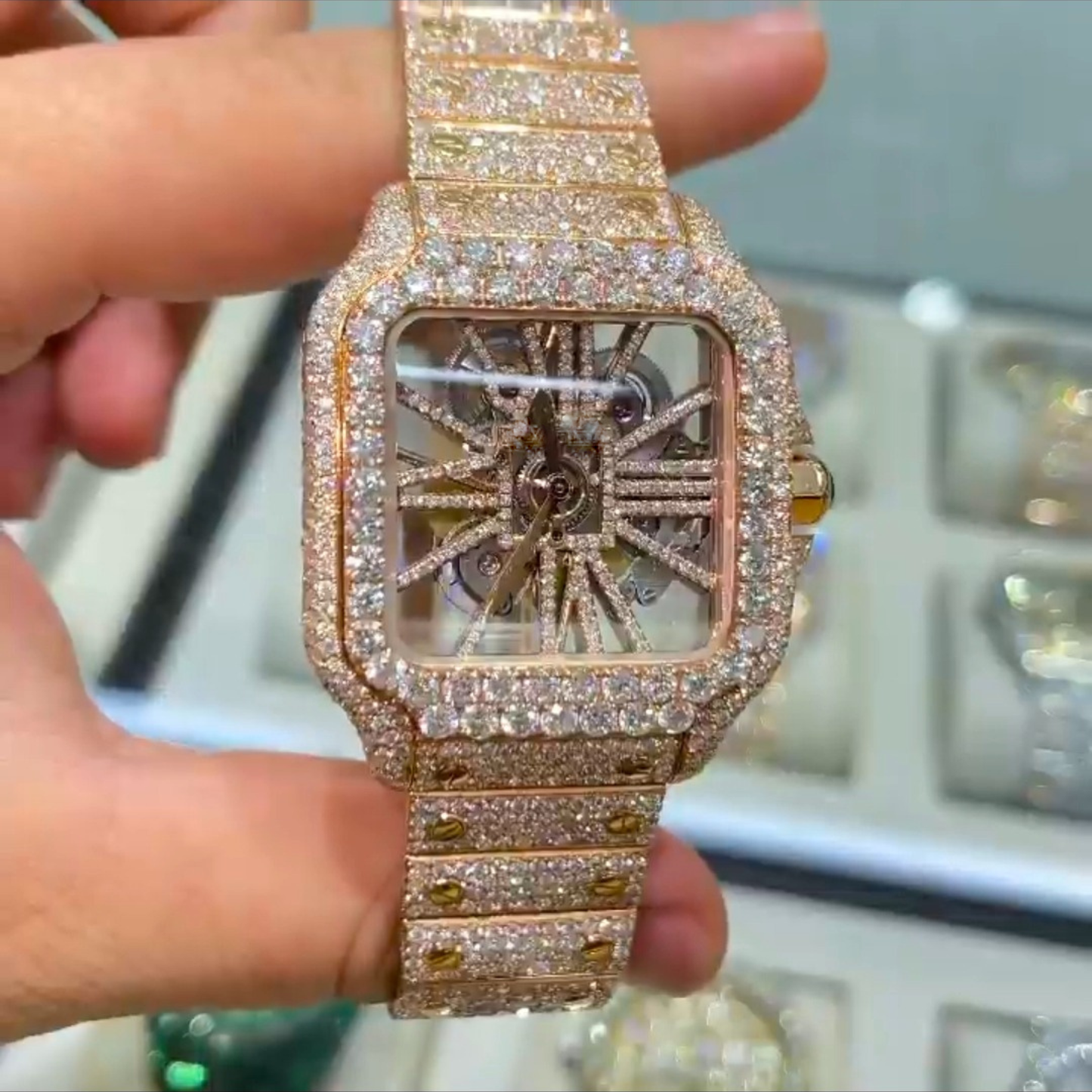 Luxury Rose Gold Square Skeleton Iced-Out Watch – Diamond-Style Stainless Steel Automatic Timepiece