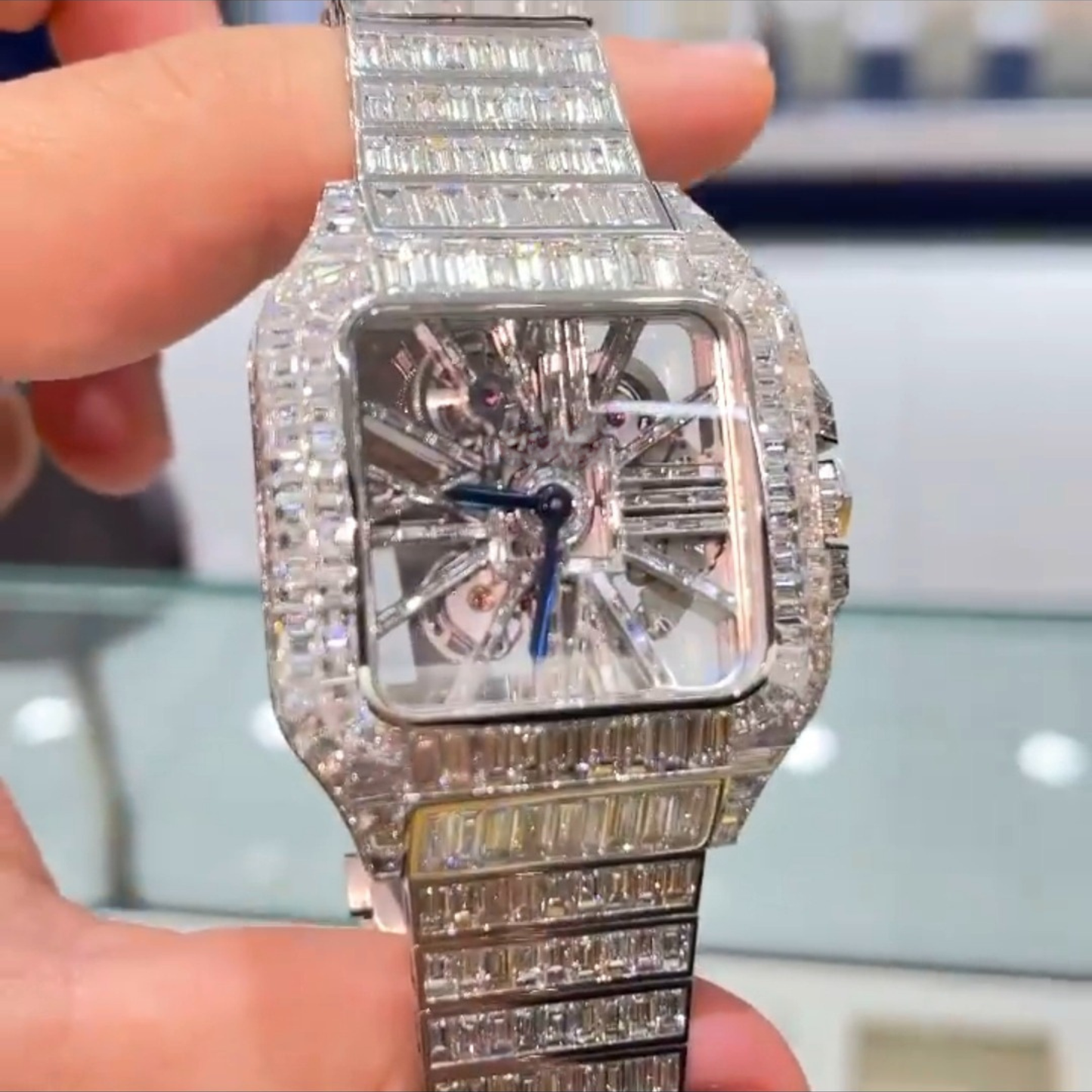 Luxury Rose Gold Square Skeleton Iced-Out Watch – Diamond-Style Stainless Steel Automatic Timepiece