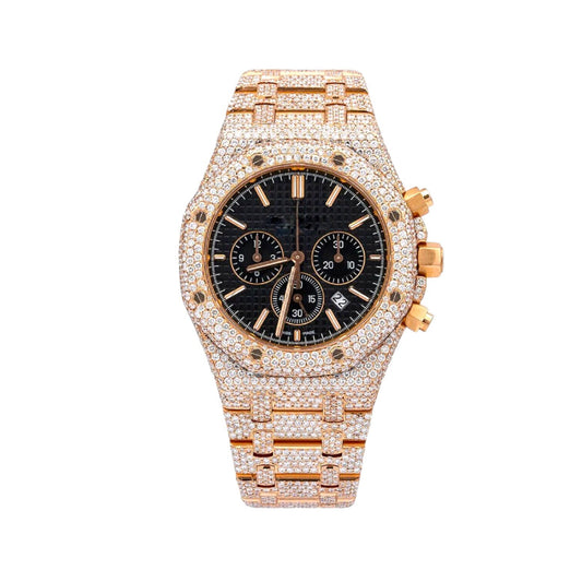 Luxury Chronograph Iced-Out Watch – Rose Gold Diamond-Style Stainless Steel Quartz Timepiece