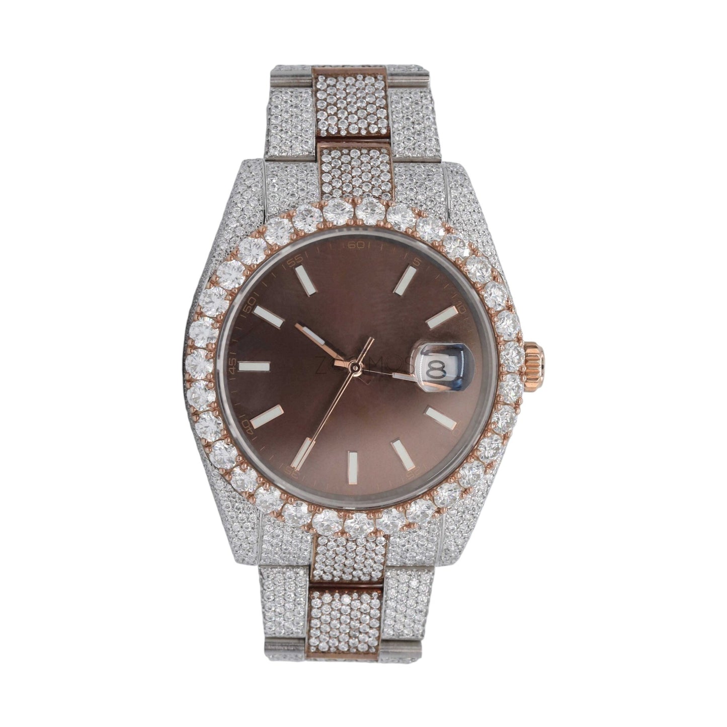 Luxury Diamond Bezel Watch – Rose Gold & Silver Stainless Steel Quartz Timepiece for Men