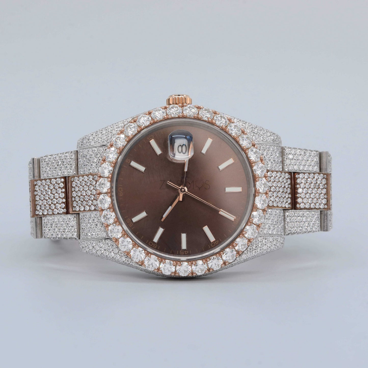 Luxury Diamond Bezel Watch – Rose Gold & Silver Stainless Steel Quartz Timepiece for Men
