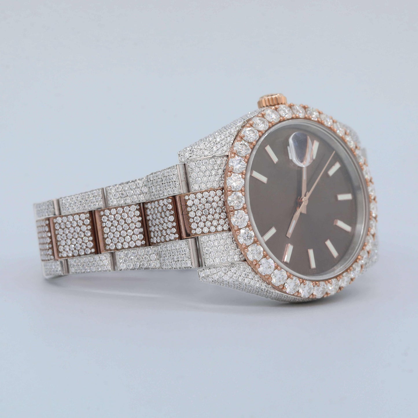 Luxury Diamond Bezel Watch – Rose Gold & Silver Stainless Steel Quartz Timepiece for Men