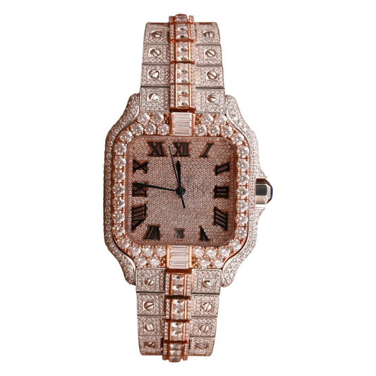 Luxury Rose Gold Square Iced-Out Watch – Roman Dial Diamond-Style Stainless Steel Quartz Timepiece