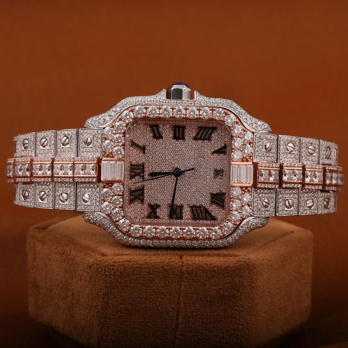 Luxury Rose Gold Square Iced-Out Watch – Roman Dial Diamond-Style Stainless Steel Quartz Timepiece