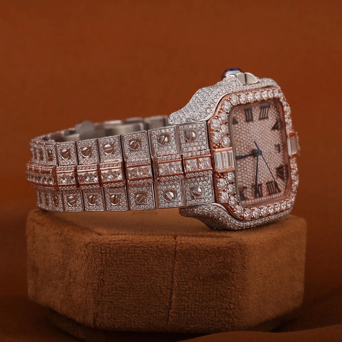 Luxury Rose Gold Square Iced-Out Watch – Roman Dial Diamond-Style Stainless Steel Quartz Timepiece
