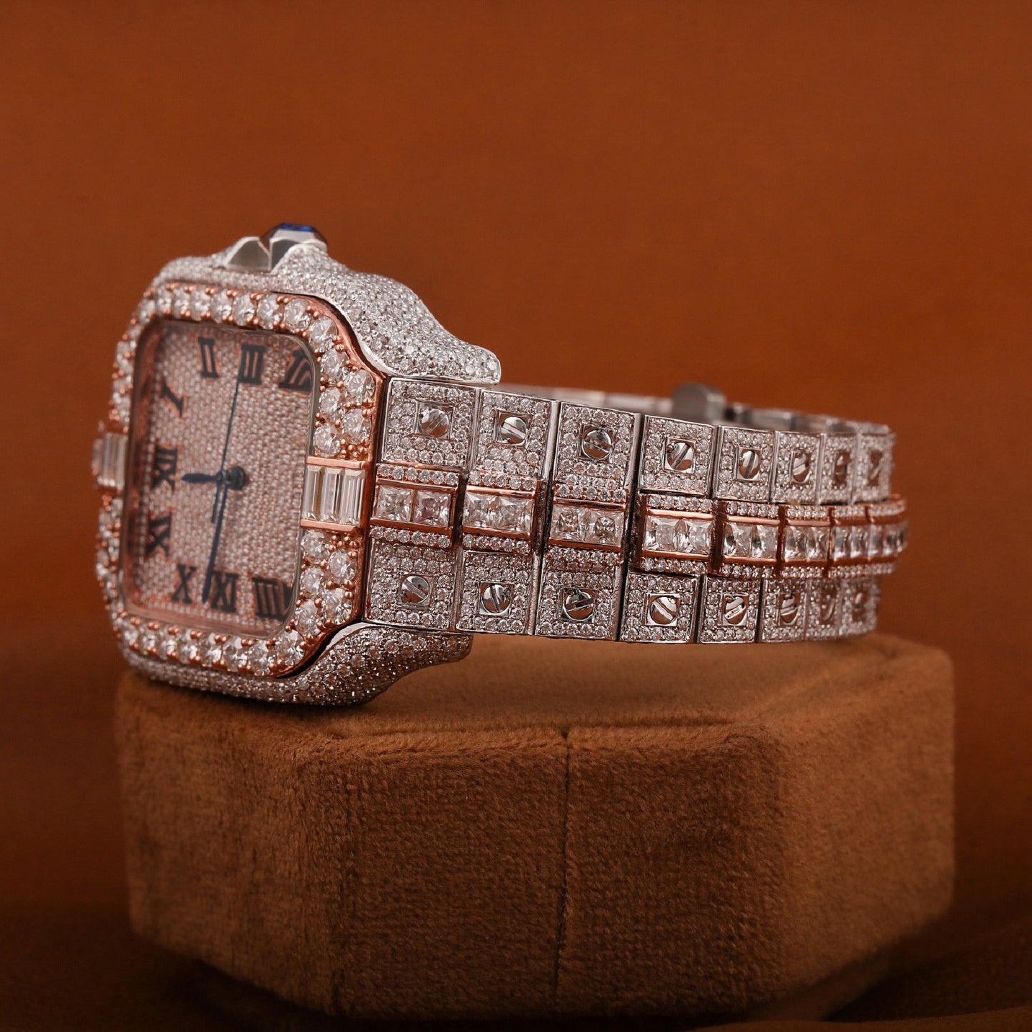 Luxury Rose Gold Square Iced-Out Watch – Roman Dial Diamond-Style Stainless Steel Quartz Timepiece