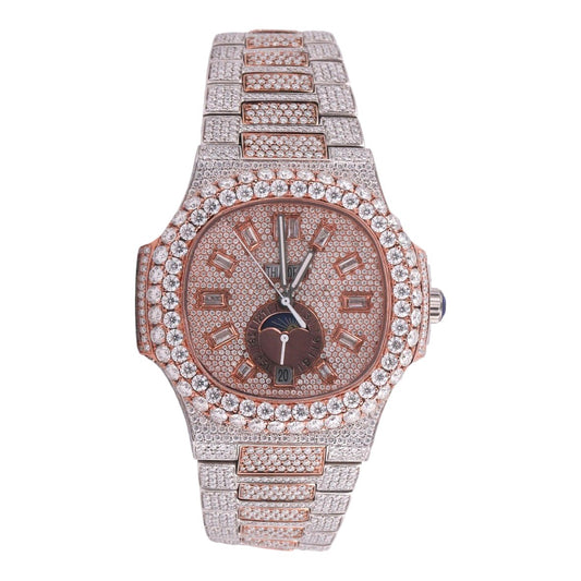 Luxury Iced-Out Diamond Watch – Rose Gold & Silver Stainless Steel Quartz Timepiece for Men