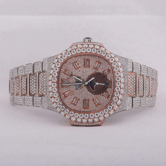 Luxury Iced-Out Diamond Watch – Rose Gold & Silver Stainless Steel Quartz Timepiece for Men
