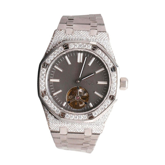 Luxury Silver Open-Heart Iced-Out Watch – Diamond-Style Stainless Steel Automatic Timepiece