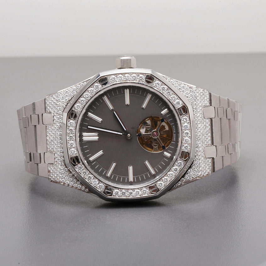 Luxury Silver Open-Heart Iced-Out Watch – Diamond-Style Stainless Steel Automatic Timepiece
