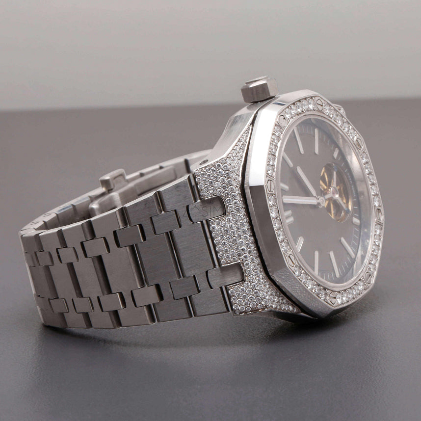 Luxury Silver Open-Heart Iced-Out Watch – Diamond-Style Stainless Steel Automatic Timepiece