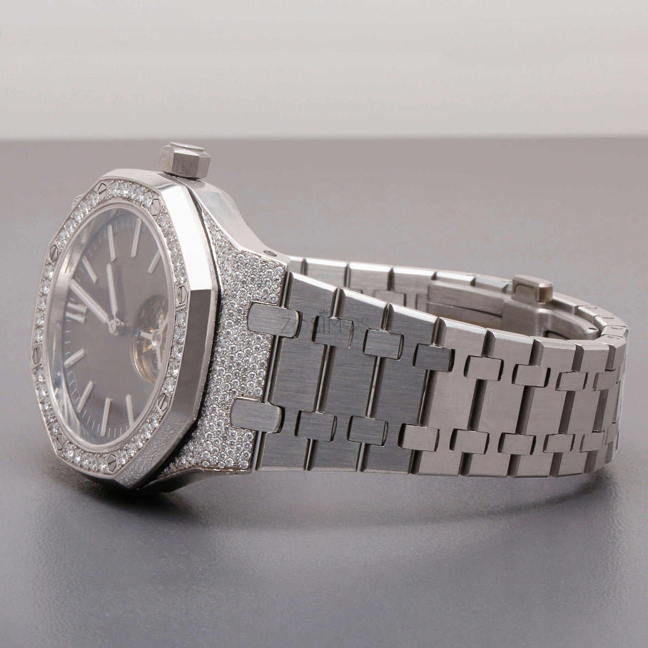 Luxury Silver Open-Heart Iced-Out Watch – Diamond-Style Stainless Steel Automatic Timepiece