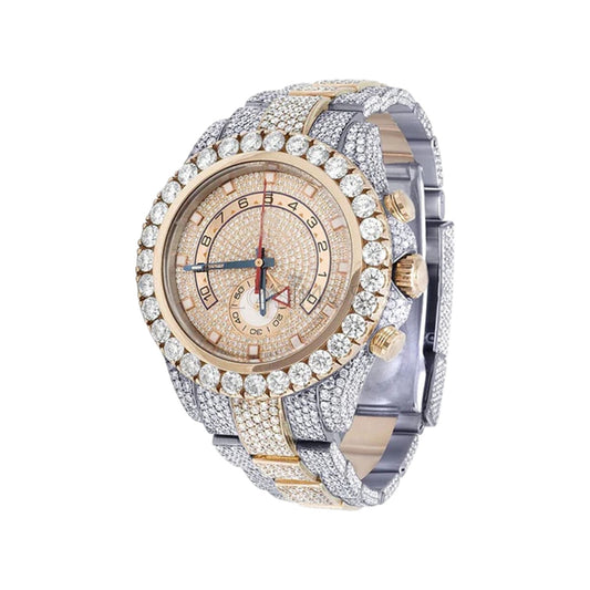 Luxury Two-Tone Iced-Out Chronograph Watch – Gold & Silver Diamond-Style Stainless Steel Quartz Timepiece