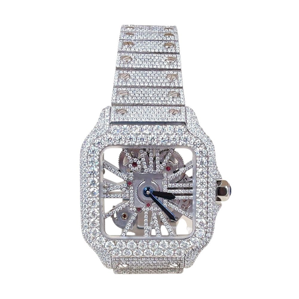 Luxury Square Skeleton Iced-Out Watch – Silver Diamond-Style Stainless Steel Automatic Timepiece