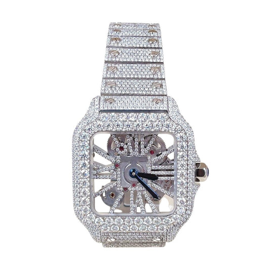 Luxury Square Skeleton Iced-Out Watch – Silver Diamond-Style Stainless Steel Automatic Timepiece
