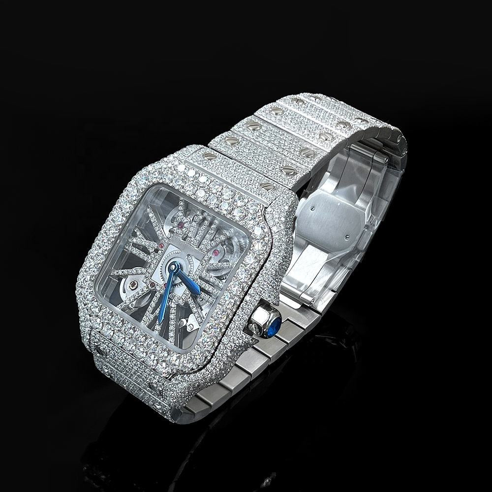 Luxury Square Skeleton Iced-Out Watch – Silver Diamond-Style Stainless Steel Automatic Timepiece