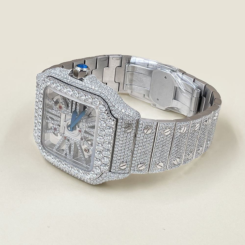 Luxury Square Skeleton Iced-Out Watch – Silver Diamond-Style Stainless Steel Automatic Timepiece