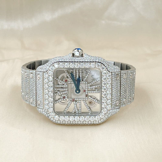 Luxury Square Skeleton Iced-Out Watch – Silver Diamond-Style Stainless Steel Automatic Timepiece