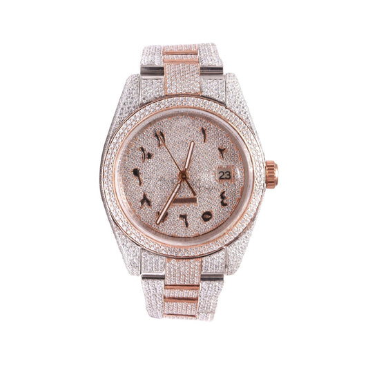 Luxury Arabic Dial Iced-Out Watch – Rose Gold Stainless Steel Diamond Quartz Timepiece