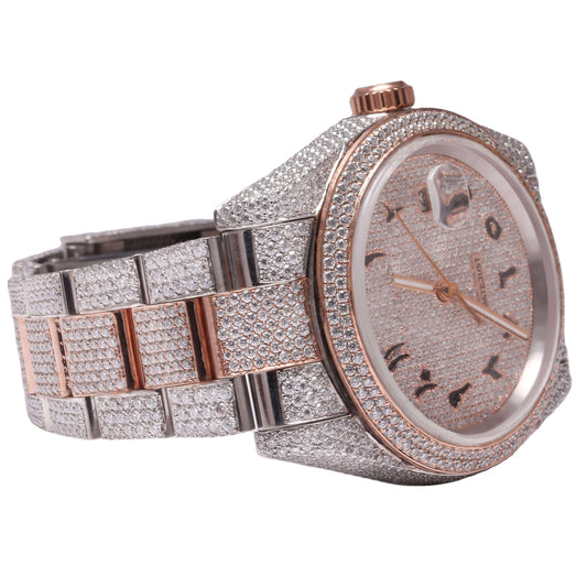 Luxury Arabic Dial Iced-Out Watch – Rose Gold Stainless Steel Diamond Quartz Timepiece