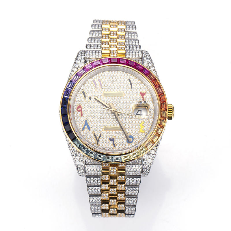 Luxury Rainbow Bezel Arabic Dial Iced-Out Watch – Gold & Silver Diamond-Style Quartz Timepiece