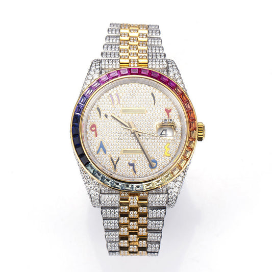 Luxury Rainbow Bezel Arabic Dial Iced-Out Watch – Gold & Silver Diamond-Style Quartz Timepiece