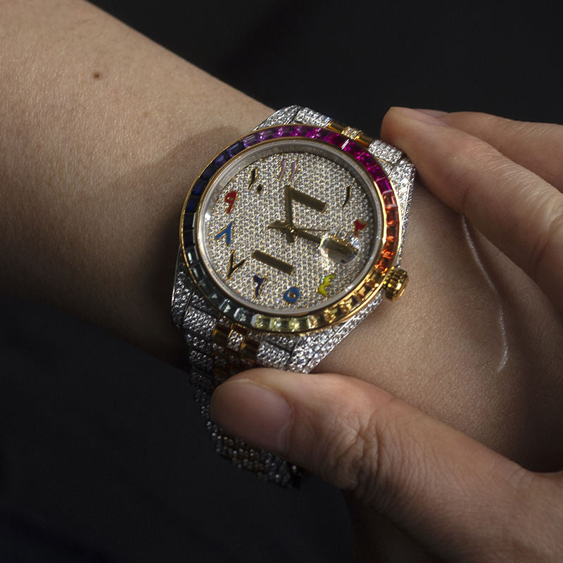 Luxury Rainbow Bezel Arabic Dial Iced-Out Watch – Gold & Silver Diamond-Style Quartz Timepiece