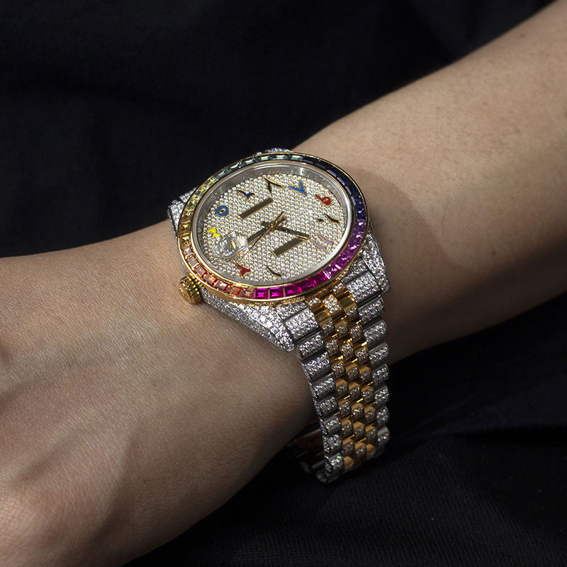 Luxury Rainbow Bezel Arabic Dial Iced-Out Watch – Gold & Silver Diamond-Style Quartz Timepiece