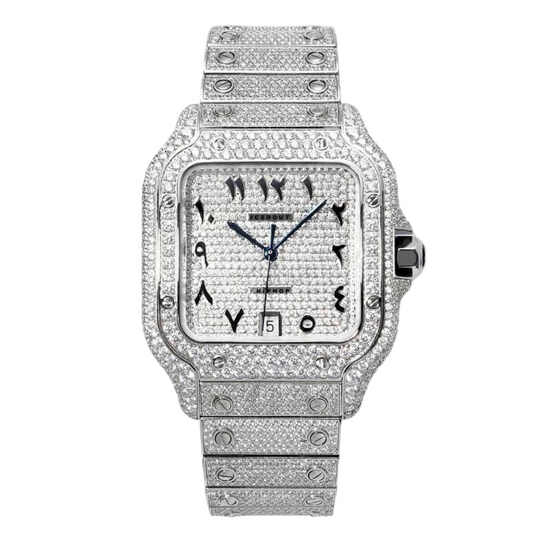 Luxury Arabic Dial Square Iced-Out Watch – Silver Diamond-Style Stainless Steel Quartz Timepiece