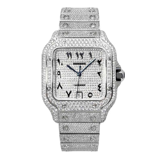 Luxury Arabic Dial Square Iced-Out Watch – Silver Diamond-Style Stainless Steel Quartz Timepiece
