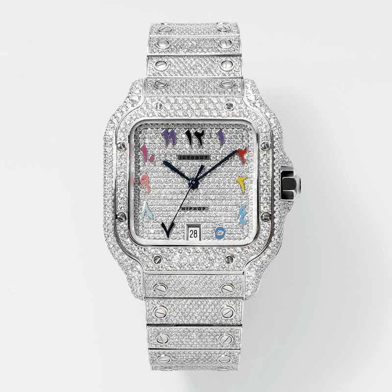 Luxury Arabic Dial Square Iced-Out Watch – Silver Diamond-Style Stainless Steel Quartz Timepiece