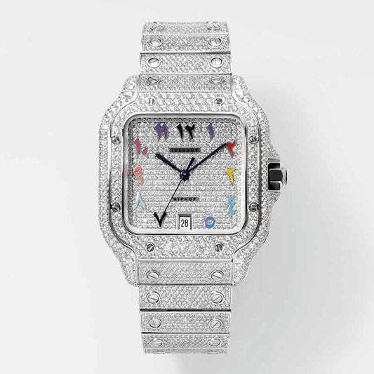 Luxury Arabic Dial Square Iced-Out Watch – Silver Diamond-Style Stainless Steel Quartz Timepiece