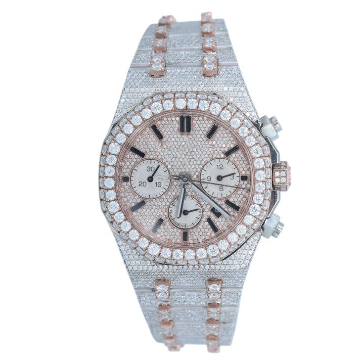 Luxury Two-Tone Chronograph Iced-Out Watch – Rose Gold & Silver Diamond-Style Quartz Timepiece