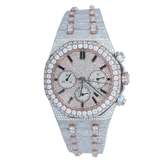Luxury Two-Tone Chronograph Iced-Out Watch – Rose Gold & Silver Diamond-Style Quartz Timepiece