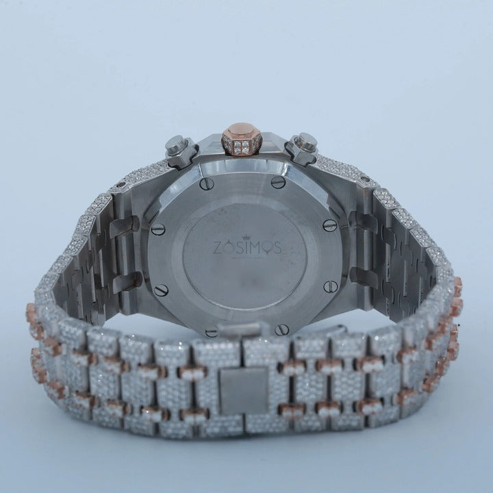 Luxury Two-Tone Chronograph Iced-Out Watch – Rose Gold & Silver Diamond-Style Quartz Timepiece