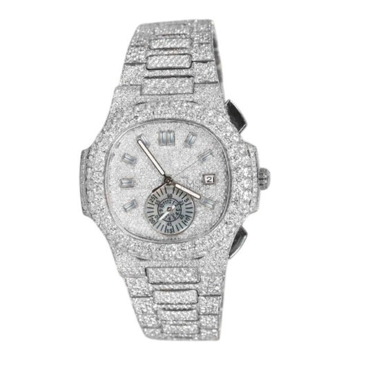 Luxury Silver Iced-Out Watch – Diamond-Style Stainless Steel Quartz Timepiece with Sub-Dial