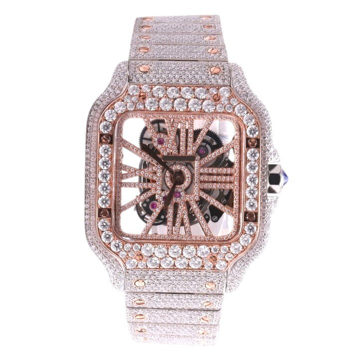 Luxury Square Skeleton Iced-Out Watch – Rose Gold & Silver Diamond-Style Automatic Timepiece