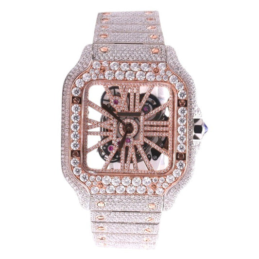 Luxury Square Skeleton Iced-Out Watch – Rose Gold & Silver Diamond-Style Automatic Timepiece