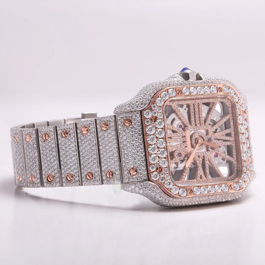 Luxury Square Skeleton Iced-Out Watch – Rose Gold & Silver Diamond-Style Automatic Timepiece