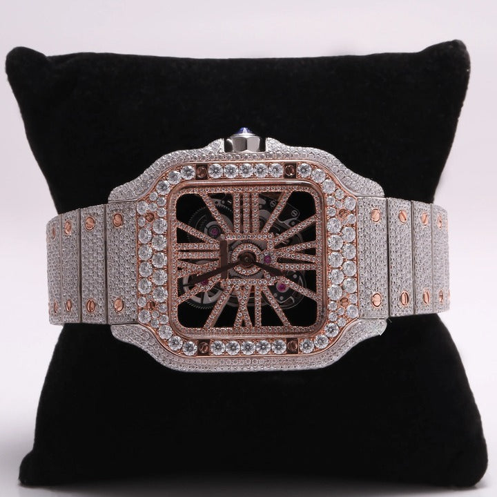 Luxury Square Skeleton Iced-Out Watch – Rose Gold & Silver Diamond-Style Automatic Timepiece