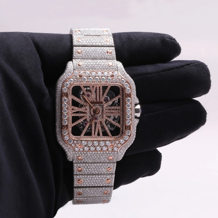 Luxury Square Skeleton Iced-Out Watch – Rose Gold & Silver Diamond-Style Automatic Timepiece
